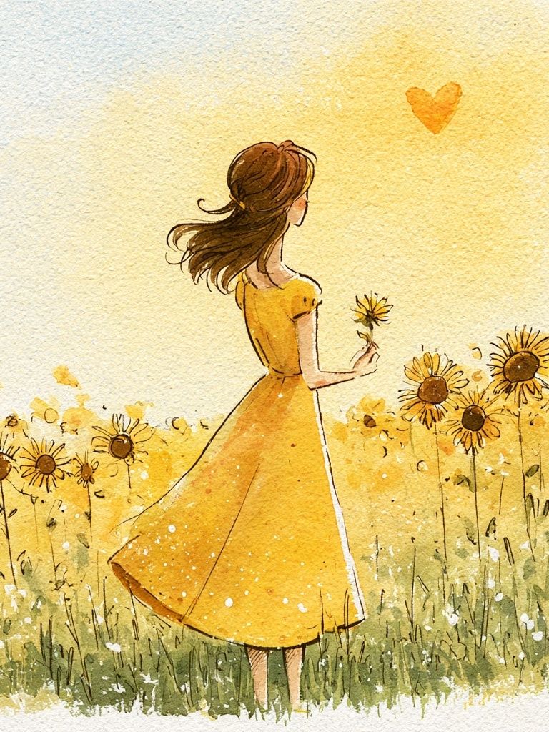 Girl in Sunflower Field Watercolor Poster. poster — illustration art