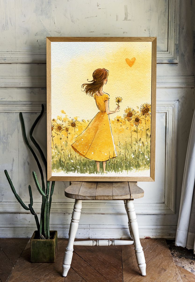 Girl in Sunflower Field Watercolor Poster. — room view 1