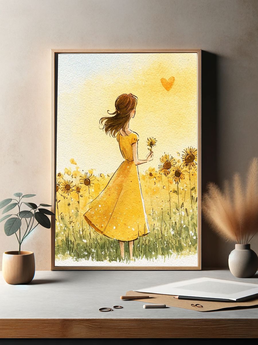 Girl in Sunflower Field Watercolor Poster. — room view 2
