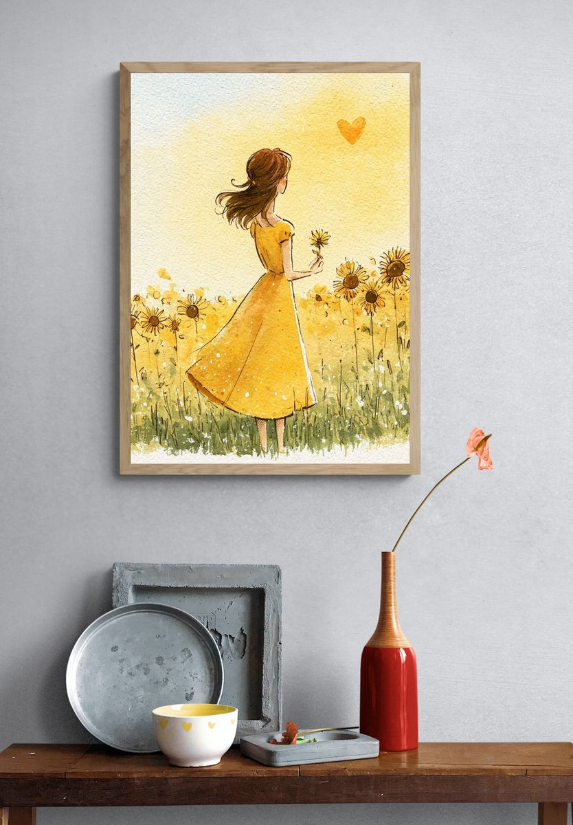 Girl in Sunflower Field Watercolor Poster. — room view 3