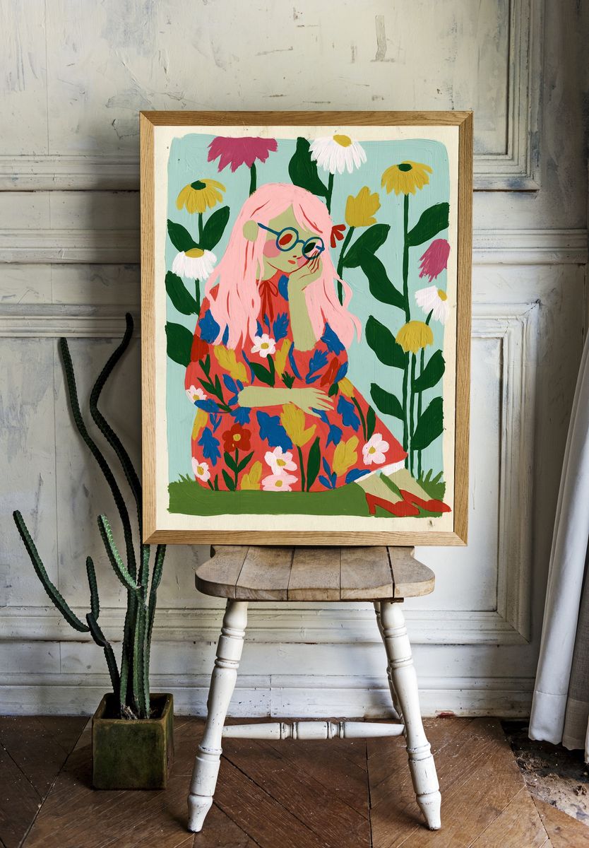 Pink-Haired Girl Floral Illustration Poster. room preview