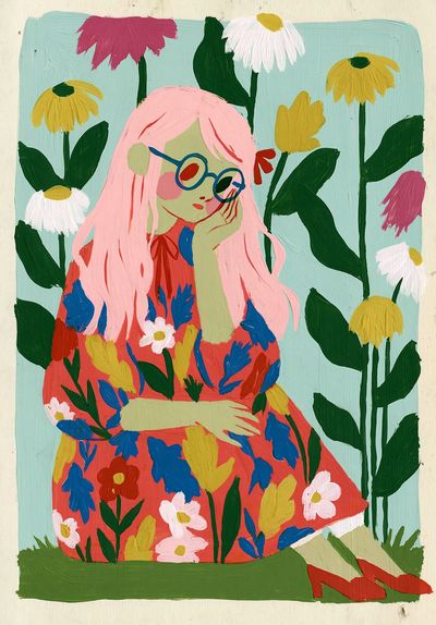 Pink-Haired Girl Floral Illustration Poster. poster