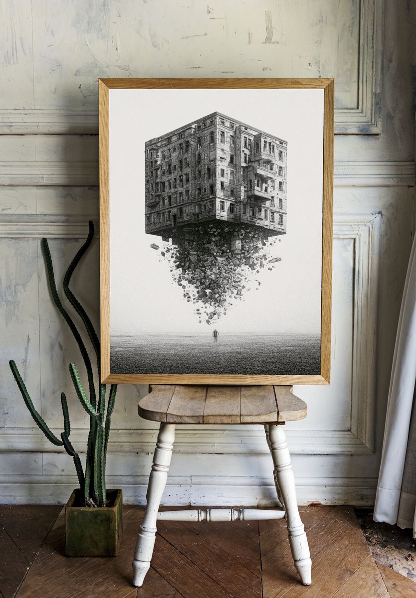 Floating Building Surrealism Print. room preview