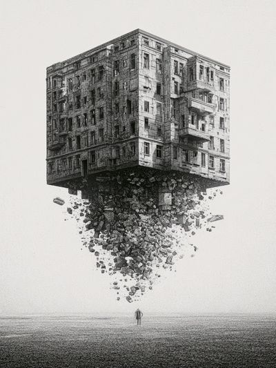 Floating Building Surrealism Print. poster
