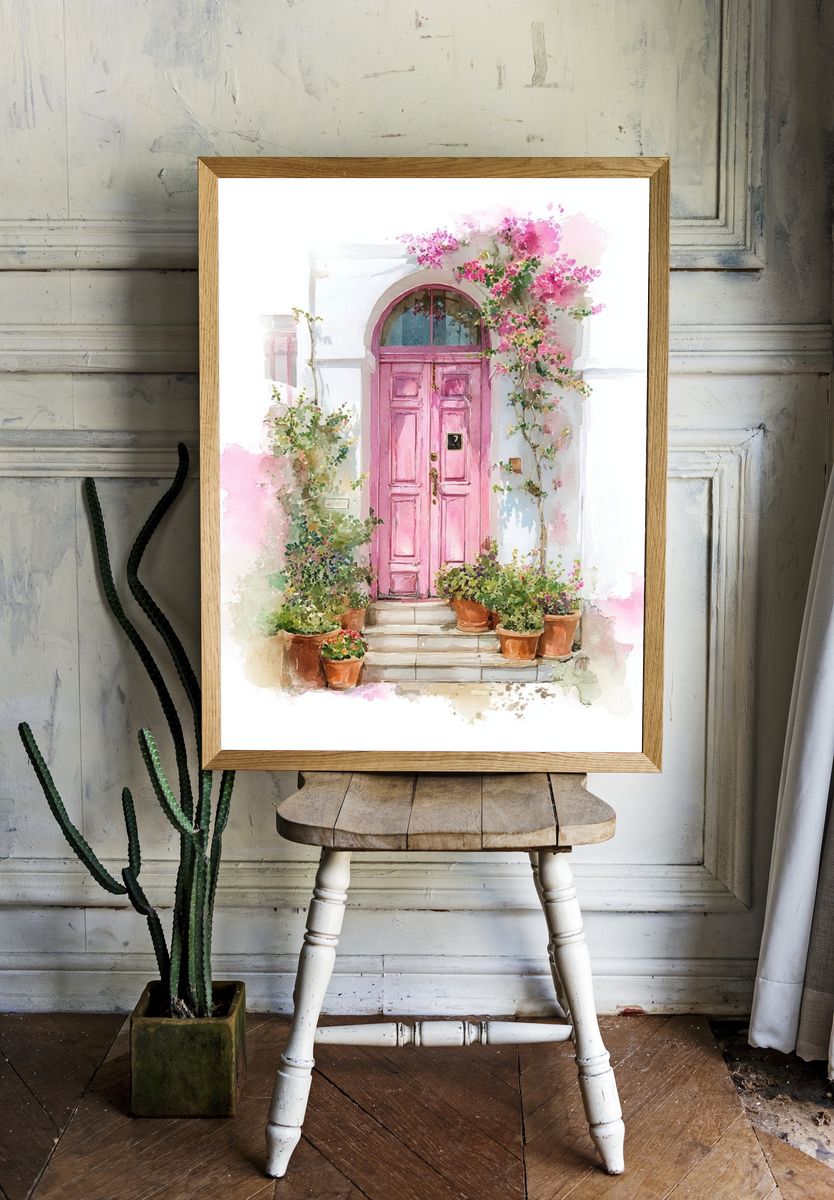 Pink Door Watercolor Print. — room view 1