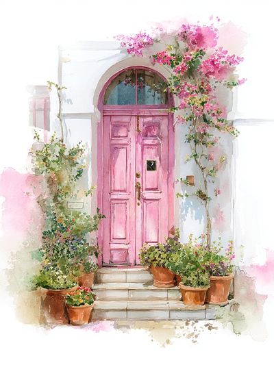 Pink Door Watercolor Print. poster