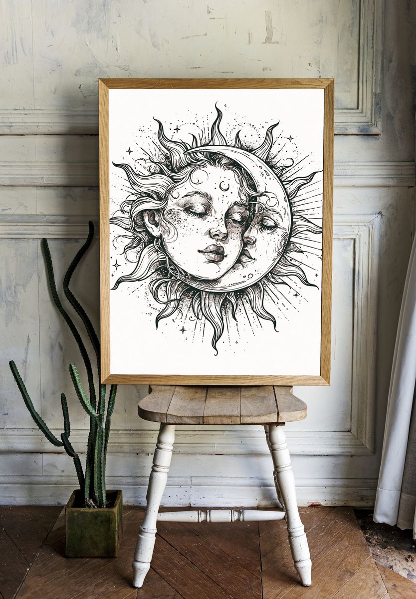 Celestial Sun and Moon Illustration Poster. room preview