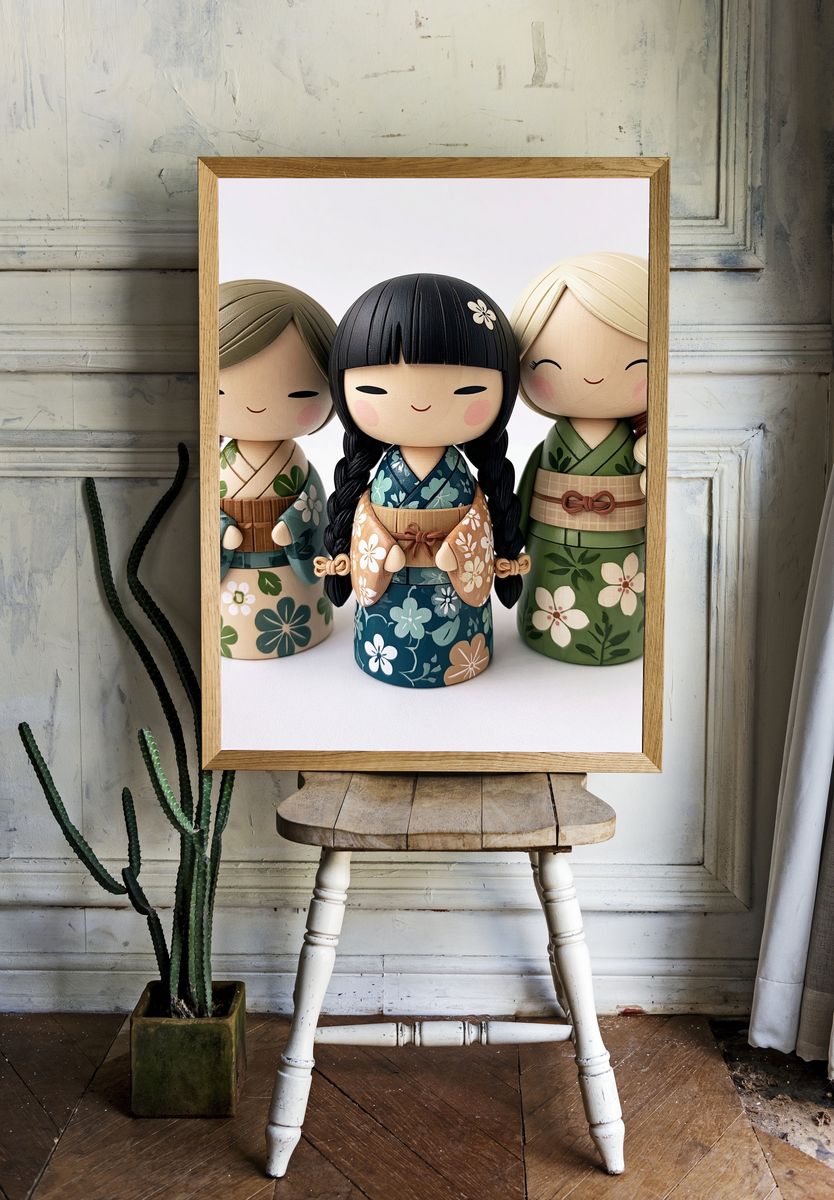 Kokeshi Dolls Floral Illustration Poster. room preview