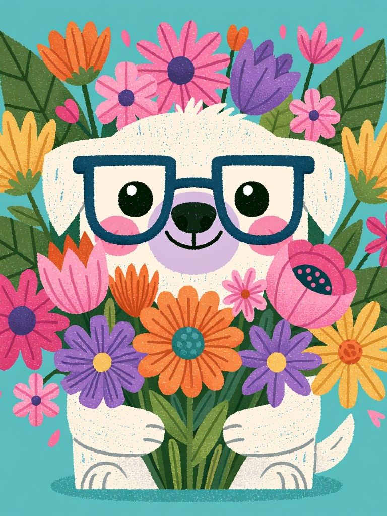 Flower Hugging Dog Illustration Poster. poster — illustration art