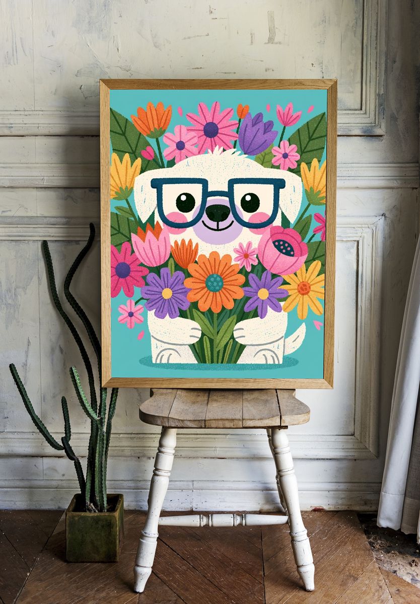 Flower Hugging Dog Illustration Poster. — room view 1