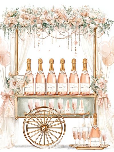 Champagne Cart Floral Illustration Poster. poster print