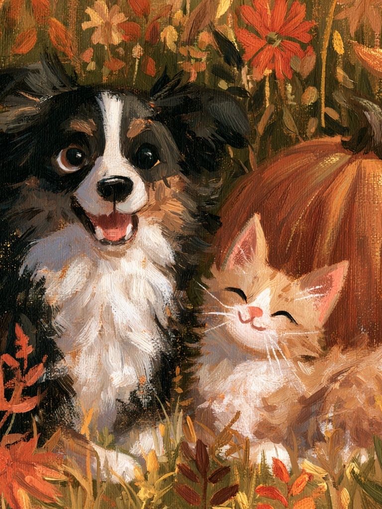 Autumn Puppies and Kitten Illustration Poster. poster detail