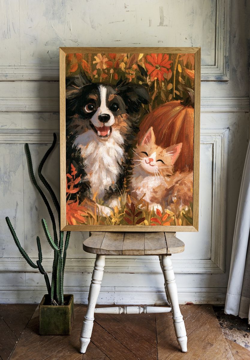 Autumn Puppies and Kitten Illustration Poster. — room view 1