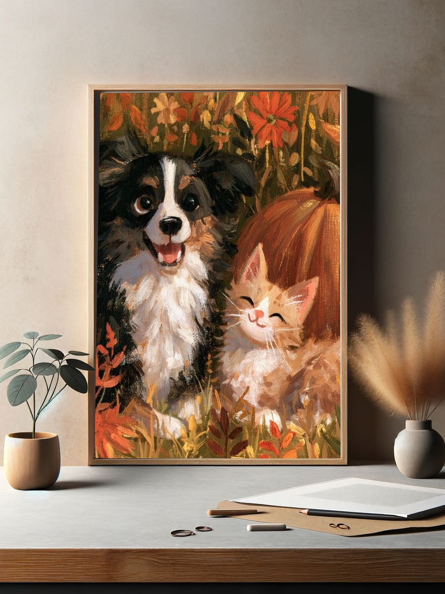 Autumn Puppies and Kitten Illustration Poster. — room view 2
