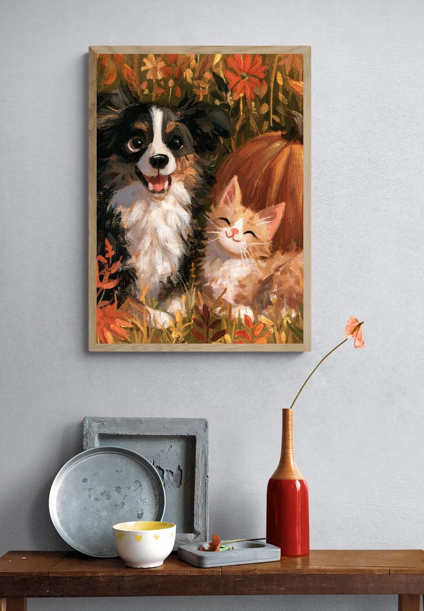 Autumn Puppies and Kitten Illustration Poster. — room view 3