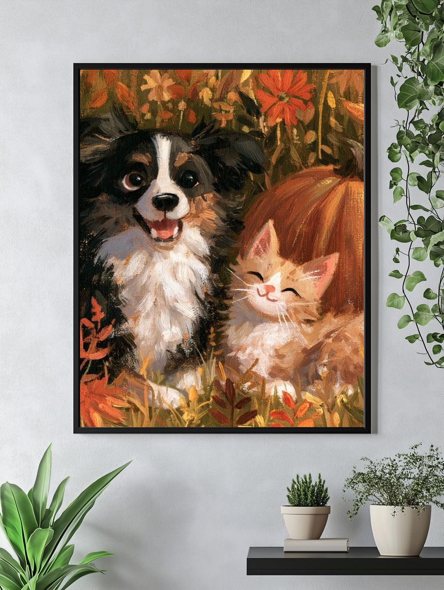 Autumn Puppies and Kitten Illustration Poster. — room view 4