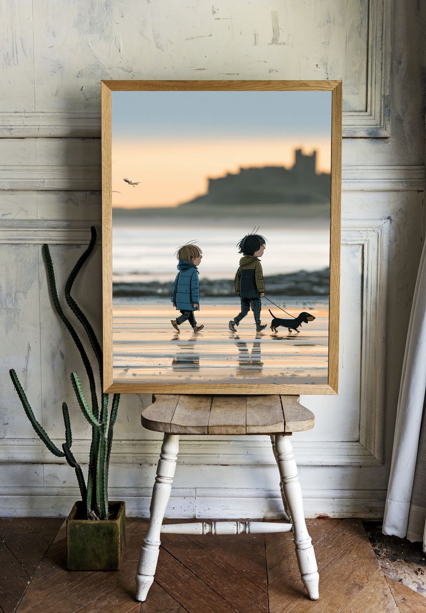 Children and Dachshund Beach Walk Poster. — room view 1