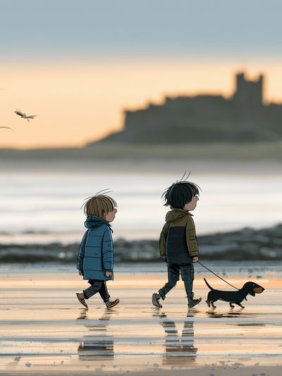 Children and Dachshund Beach Walk Poster. poster print