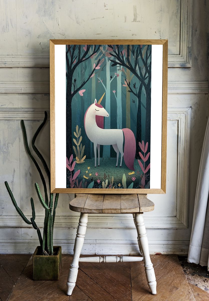 Sleeping Unicorn Forest Illustration Poster. — room view 1