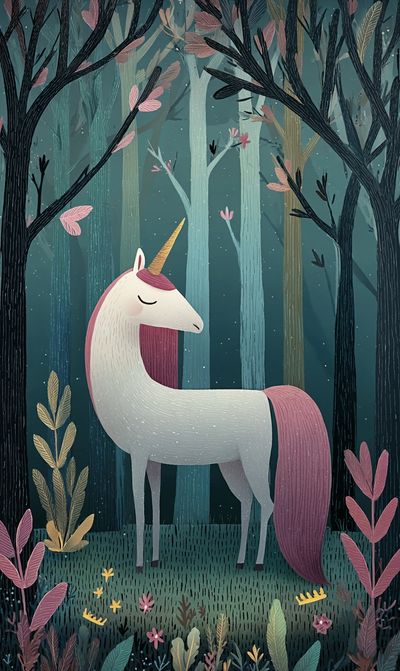 Sleeping Unicorn Forest Illustration Poster. poster print