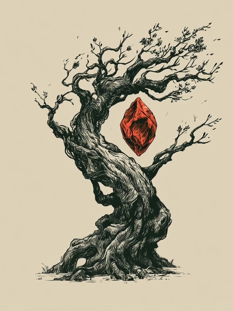 Twisted Tree with Red Gem Illustration Poster. poster detail