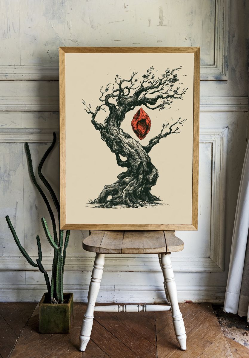 Twisted Tree with Red Gem Illustration Poster. room preview