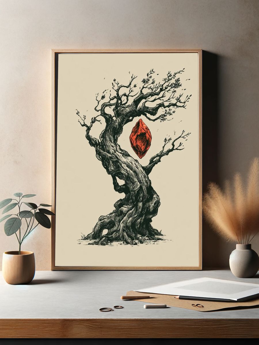 Twisted Tree with Red Gem Illustration Poster. — room view 2