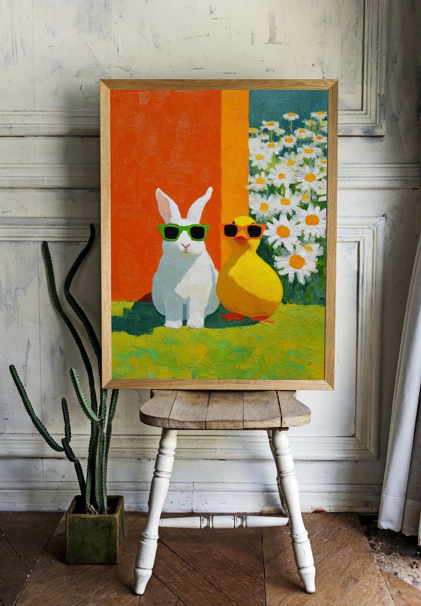Cool Bunny and Duck Illustration Poster. room preview