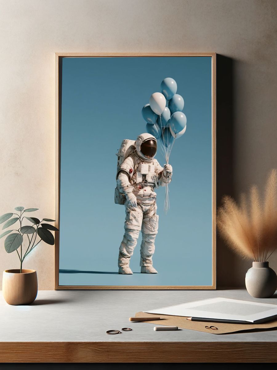 Astronaut with Balloons Illustration Poster. — room view 2