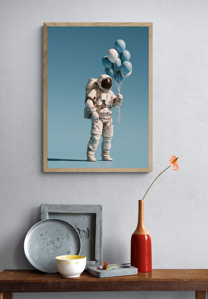 Astronaut with Balloons Illustration Poster. — room view 3