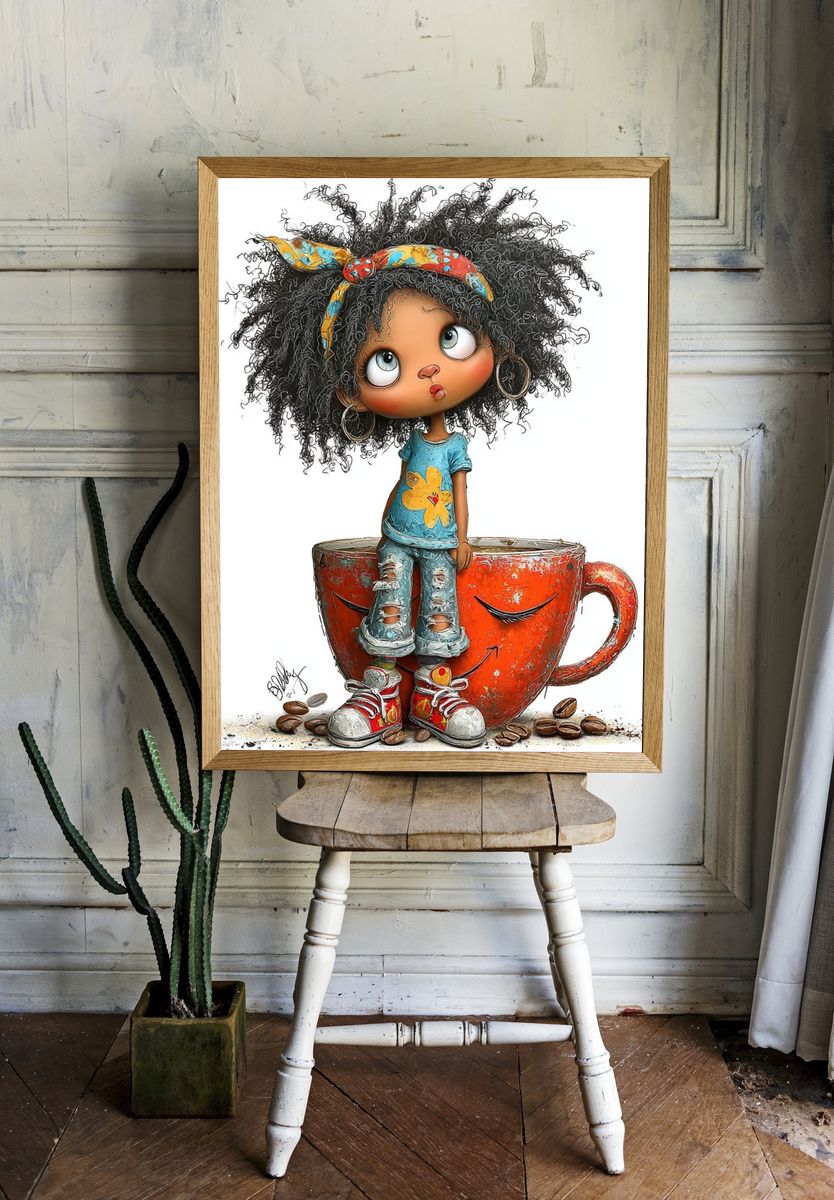 Whimsical Coffee Cup Girl Illustration Poster. room preview