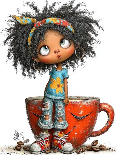 Whimsical Coffee Cup Girl Illustration Poster. poster print
