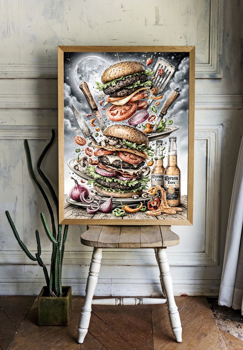 Burger Tower Surreal Illustration Poster. room preview