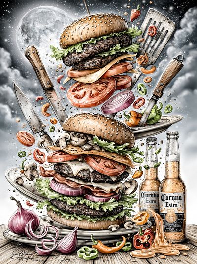 Burger Tower Surreal Illustration Poster. poster print
