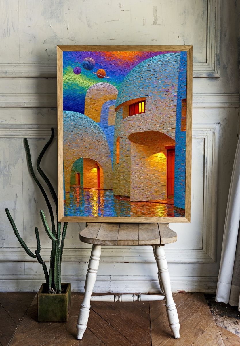 Dreamy Planetary Village Illustration Poster. — room view 1