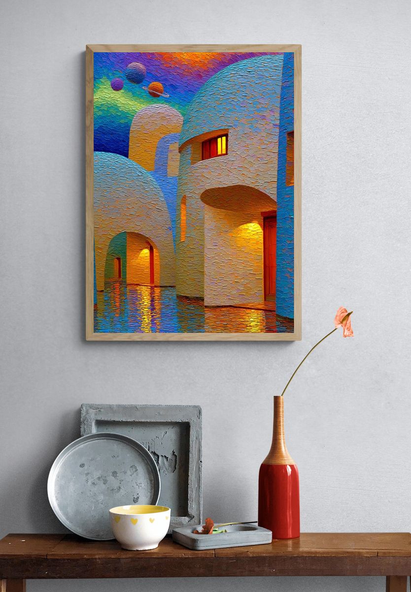 Dreamy Planetary Village Illustration Poster. — room view 3