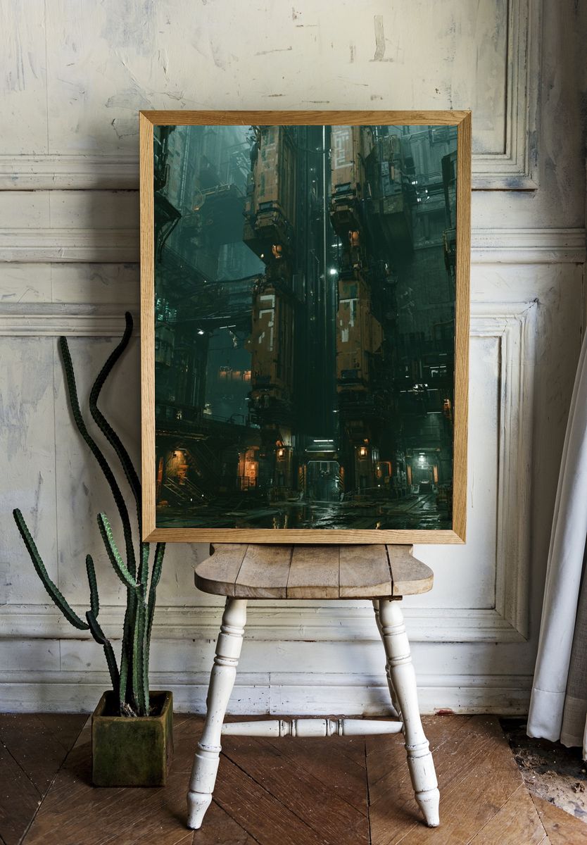 Cyberpunk Industrial Cityscape Poster. room preview
