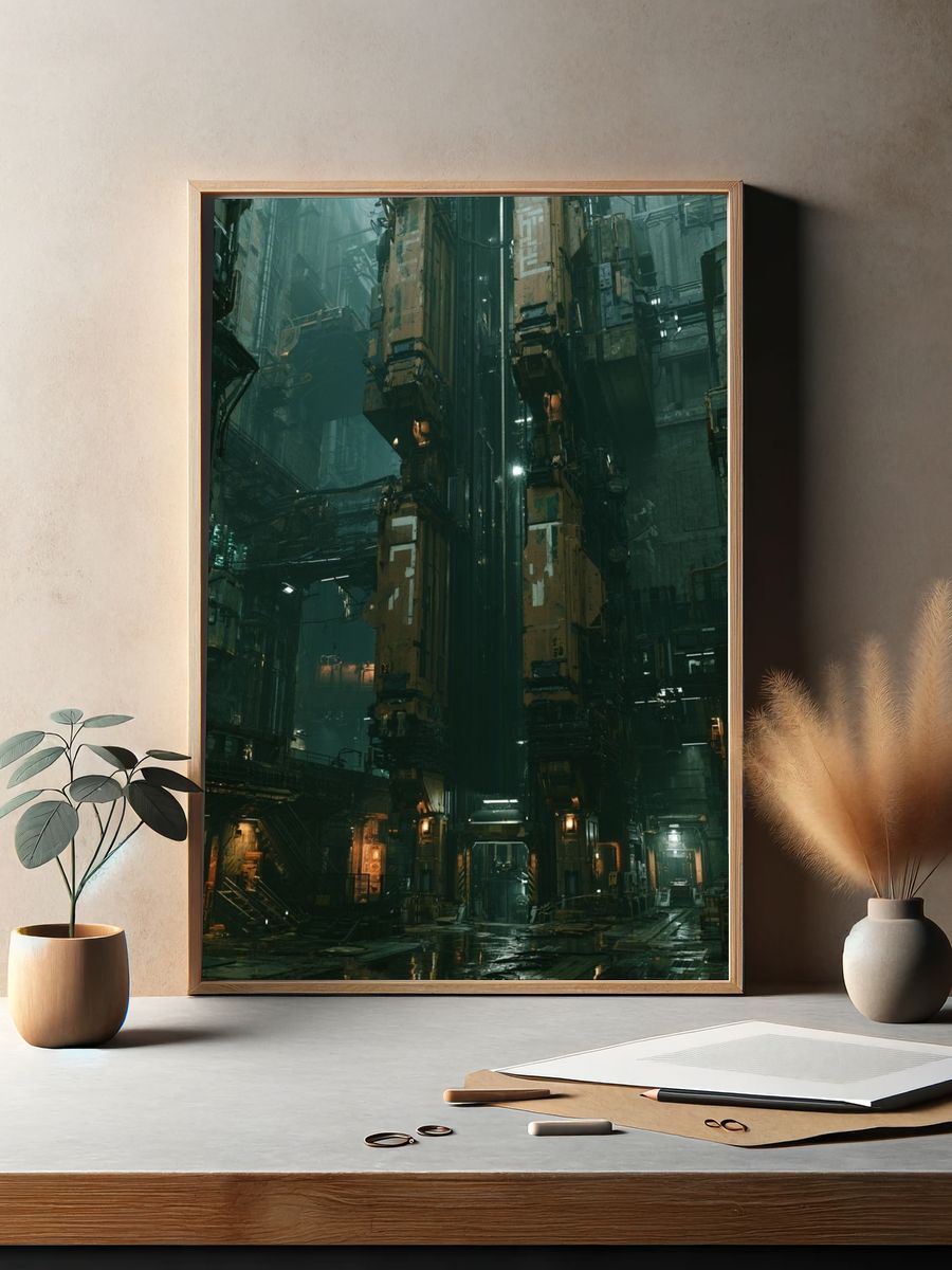 Cyberpunk Industrial Cityscape Poster. — room view 2
