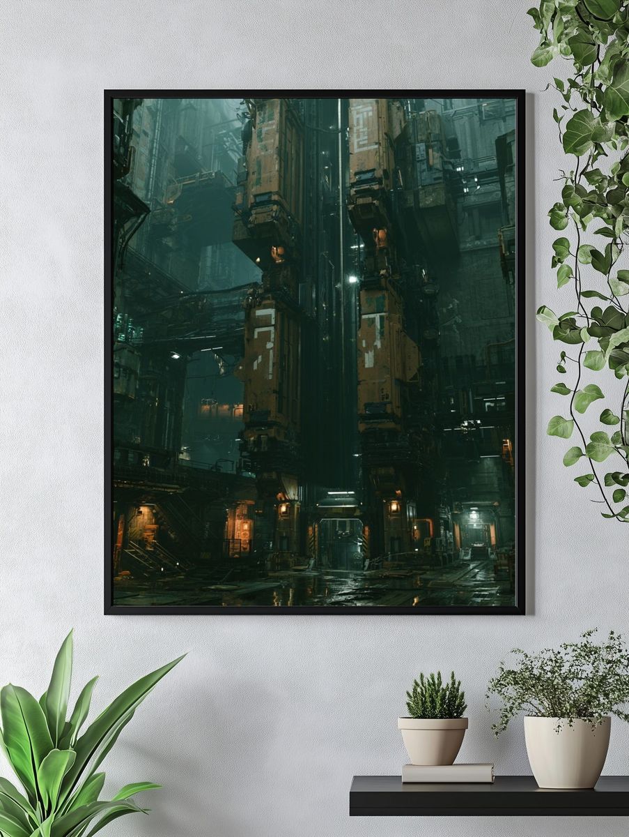 Cyberpunk Industrial Cityscape Poster. — room view 4