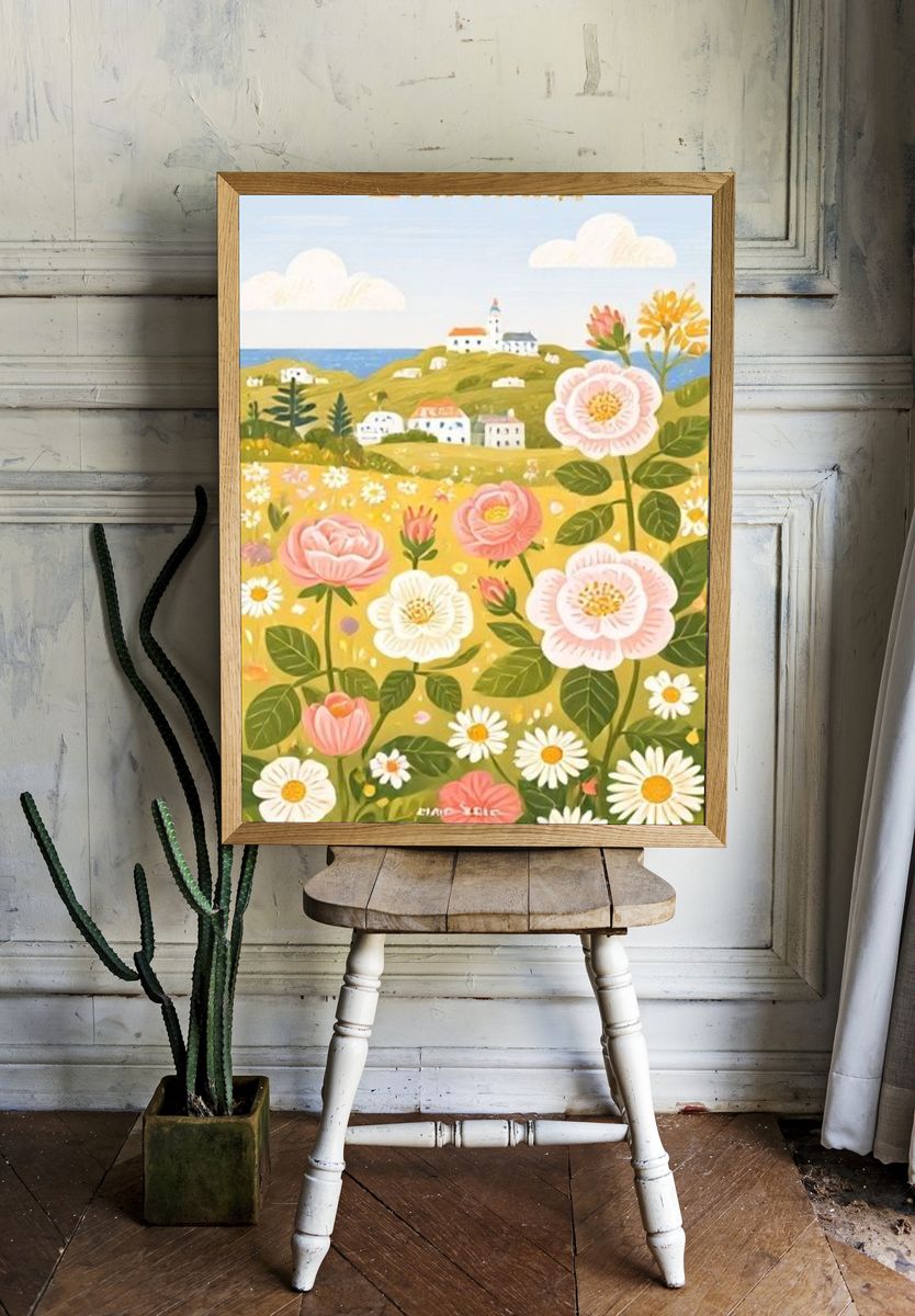 Floral Coastal Landscape Illustration Poster. — room view 1