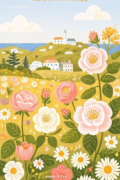 Floral Coastal Landscape Illustration Poster. poster