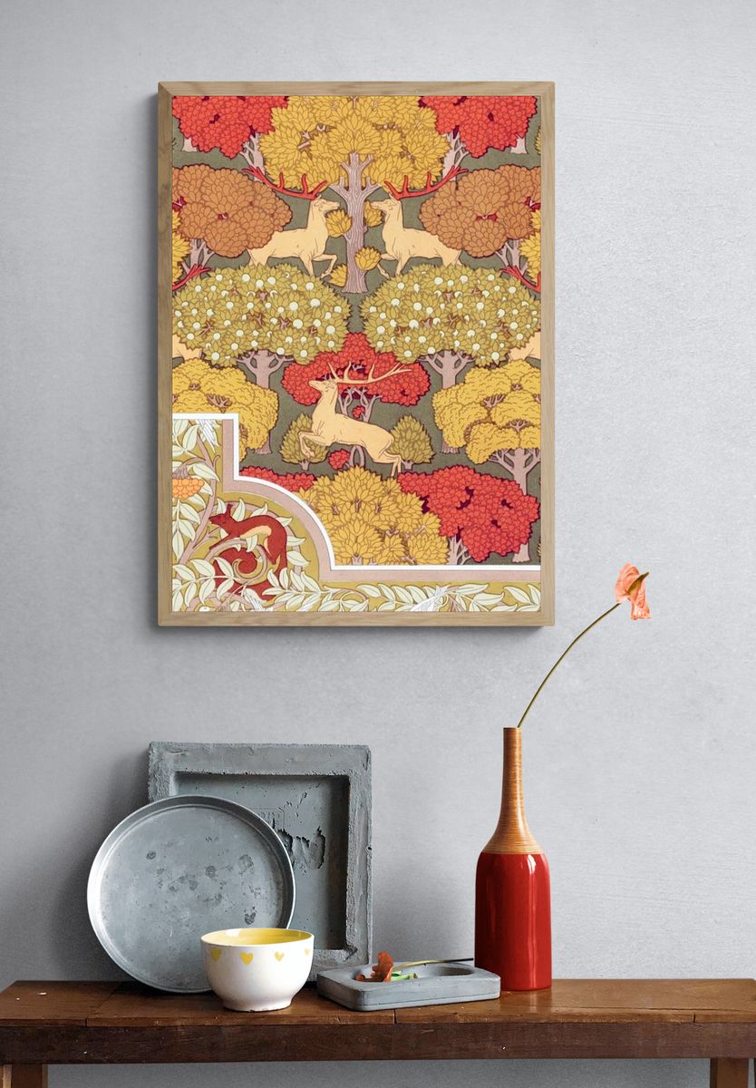 Deer in Autumn Forest Art Nouveau Print. — room view 3
