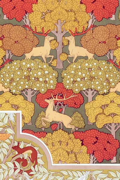 Deer in Autumn Forest Art Nouveau Print. poster