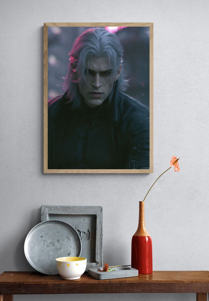 Silver-Haired Warrior Portrait Print. — room view 3