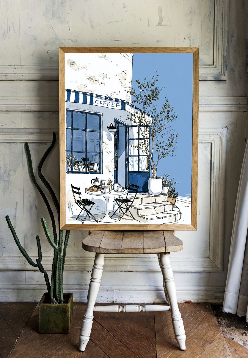 Blue Coffee Shop Watercolor Poster. room preview