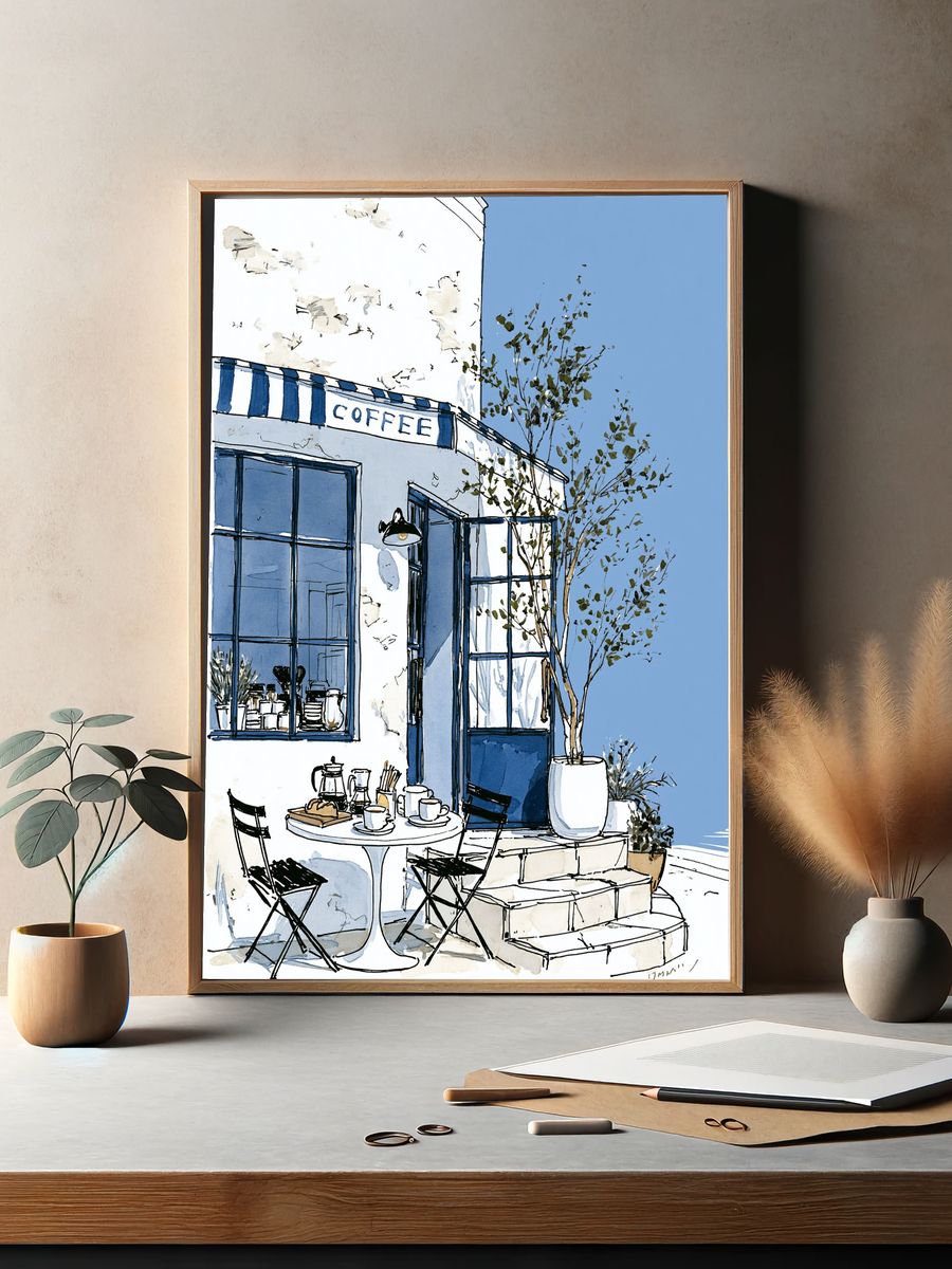 Blue Coffee Shop Watercolor Poster. — room view 2
