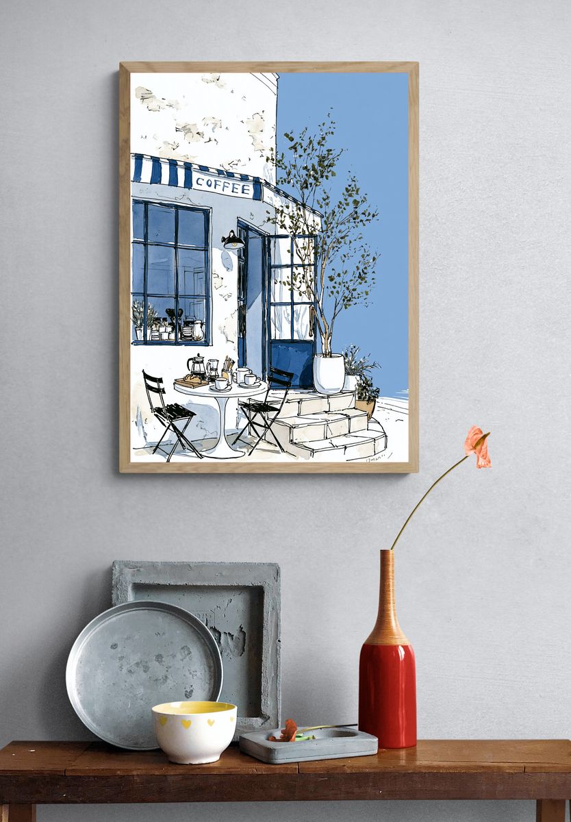 Blue Coffee Shop Watercolor Poster. — room view 3