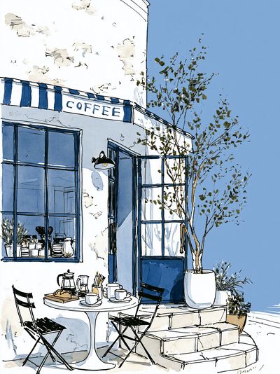 Blue Coffee Shop Watercolor Poster.