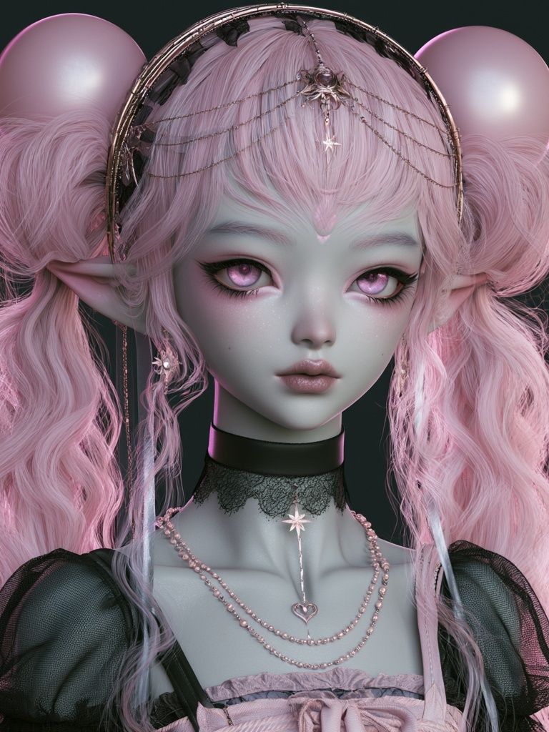 Pink Elf Portrait Illustration Poster. poster detail