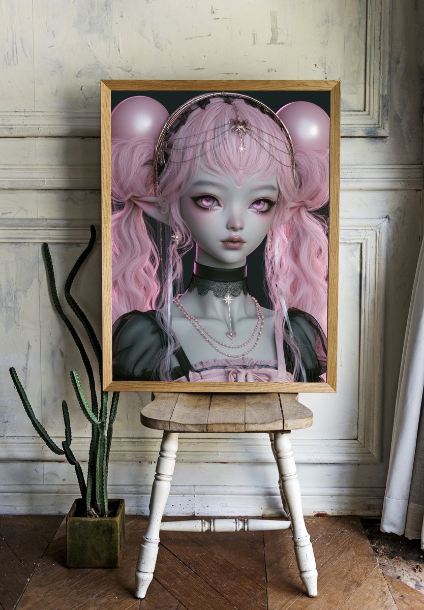 Pink Elf Portrait Illustration Poster. room preview